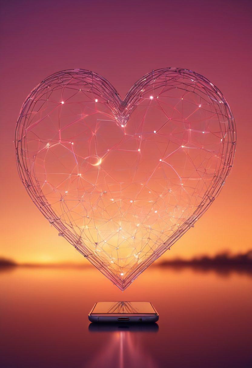 A heart-shaped digital network made of glowing lines and symbols representing various communication technologies like smartphones and chat bubbles, intertwined with soft roses and warm lights, symbolizing romance and connection. The background should feature a gentle sunset to evoke warmth and intimacy. super-realistic. vibrant colors. soft focus.