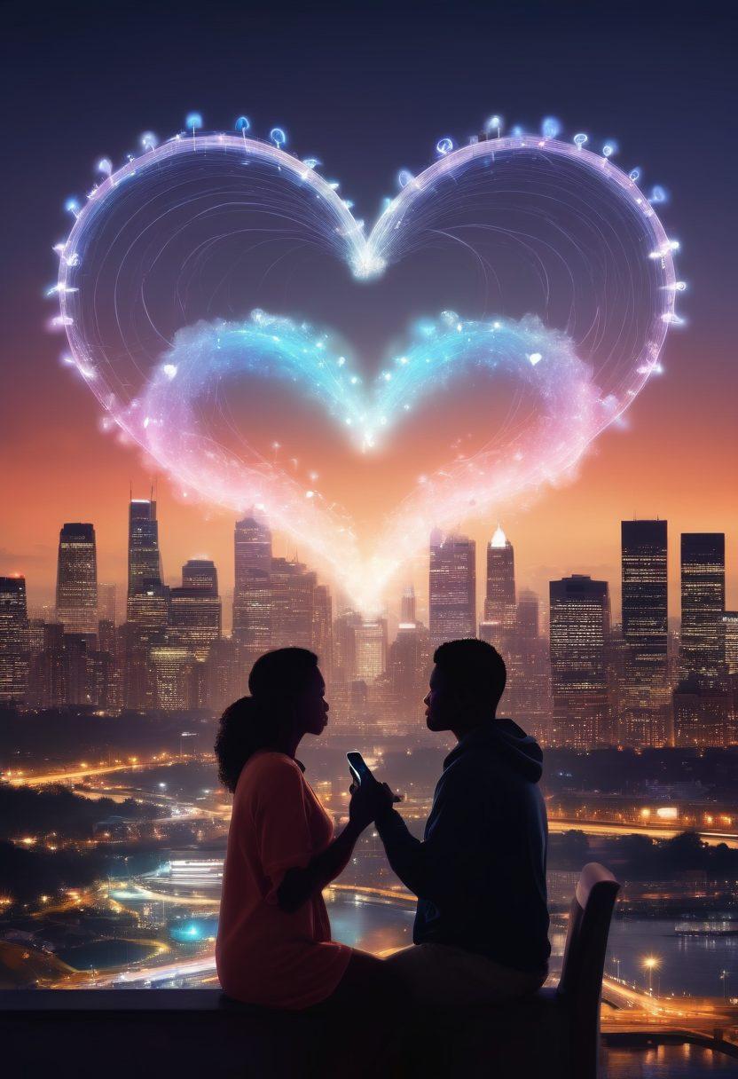 A heart-shaped cloud of wireless signals, intertwining with silhouettes of diverse couples sharing moments together; a backdrop of city skyline with glowing communication icons symbolizing connection. The scene embodies warmth and intimacy, highlighting how technology fosters relationships. soft colors. super-realistic.