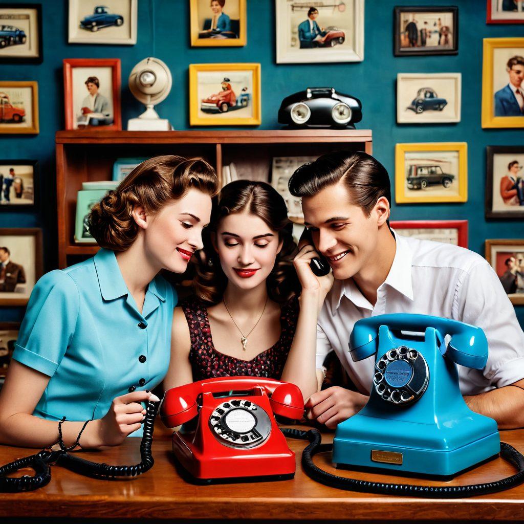 A warm, nostalgic scene depicting a couple communicating through vintage telephones, surrounded by modern smartphones showcasing messages of love. In the background, a timeline representing the evolution of communication methods, blending retro elements with contemporary designs. The overall atmosphere should convey a sense of connection and affection throughout the ages. vibrant colors. super-realistic.